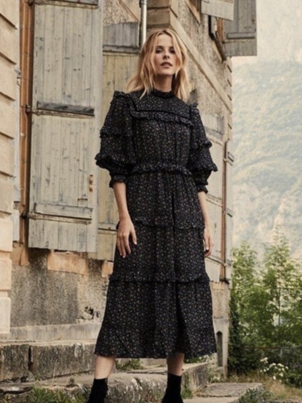 Doen Clay Dress in Black Mafia Maxi 3/4 Puff Sleeves Floral Print Tiered Ruffle
